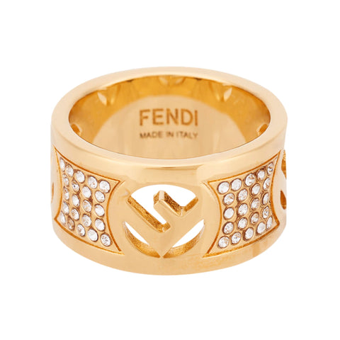 Fendi F is Fendi Logo Ring Wide Band Crystal Gold Metal Size Medium available at Queen Bee of Beverly Hills