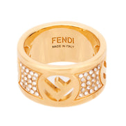 Fendi F is Fendi Logo Ring Wide Band Crystal Gold Metal Size Medium available at Queen Bee of Beverly Hills