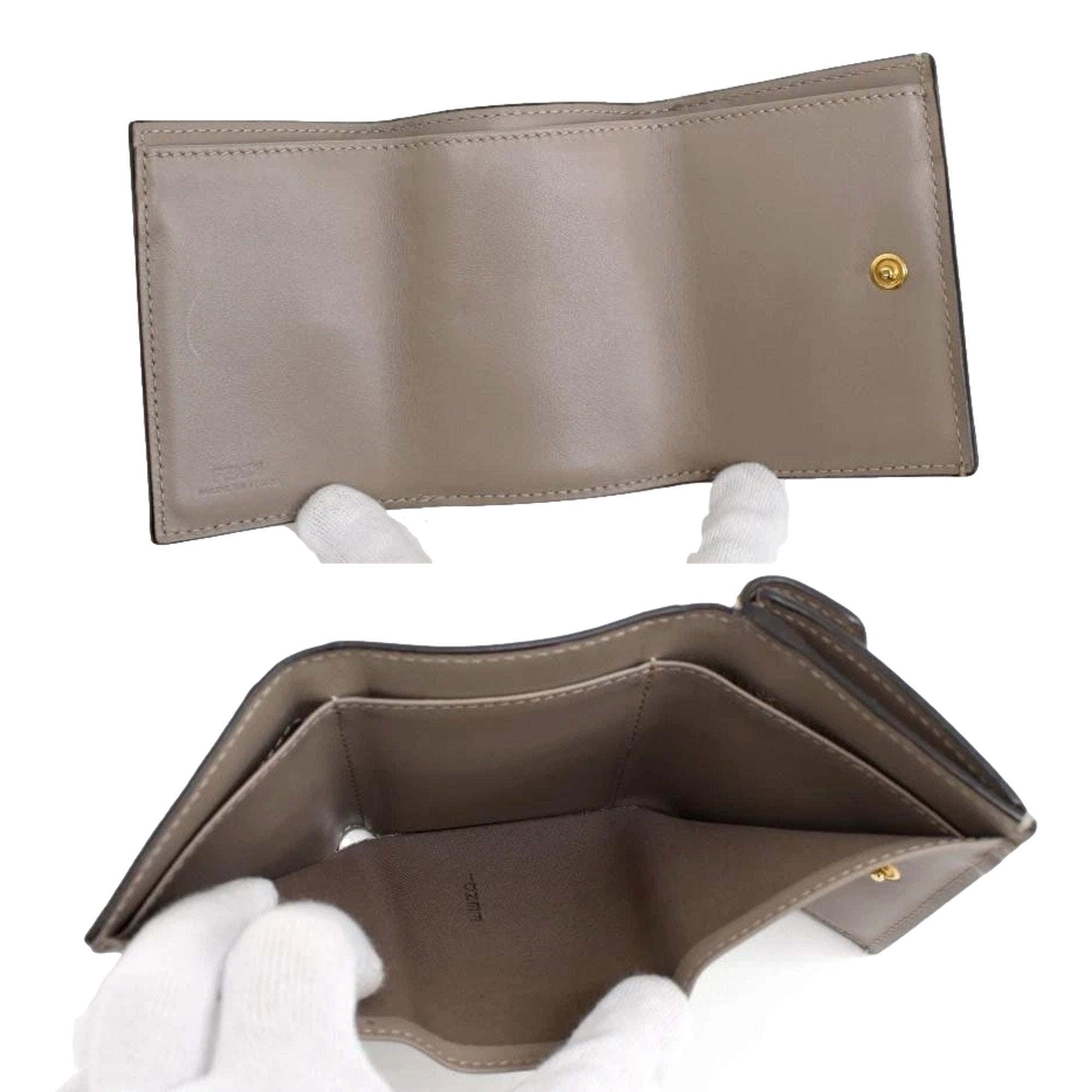 Fendi F Is Fendi Tortora Gray Leather Micro Trifold Wallet available at Queen Bee of Beverly Hills