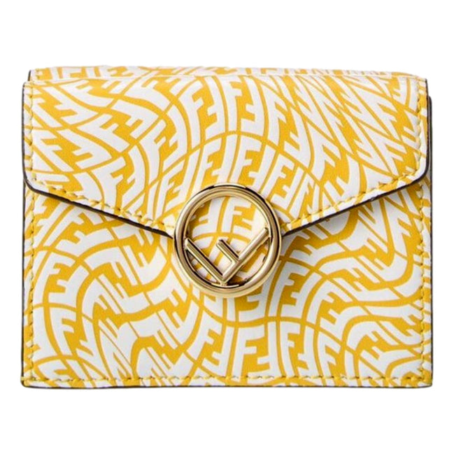 Fendi F is Fendi Yellow Leather Vertigo Print Small Trifold Wallet available at Queen Bee of Beverly Hills