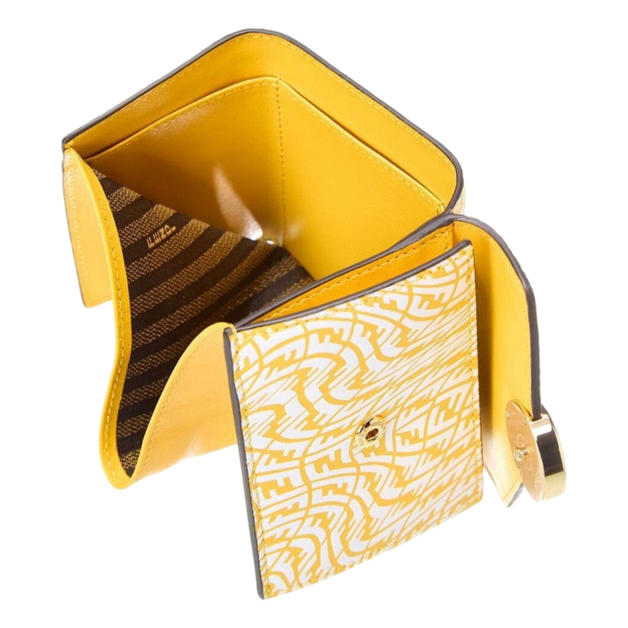 Fendi F is Fendi Yellow Leather Vertigo Print Small Trifold Wallet available at Queen Bee of Beverly Hills