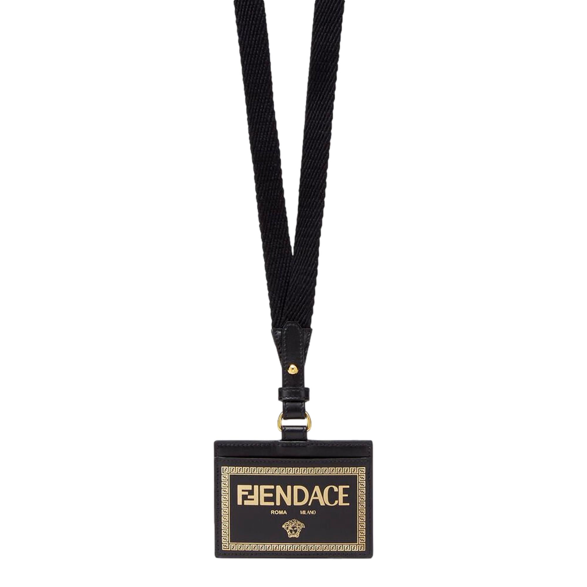 Fendi Fendace Black Leather Card Case Wallet Lanyard available at Queen Bee of Beverly Hills