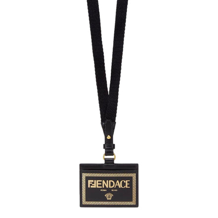 Fendi Fendace Black Leather Card Case Wallet Lanyard available at Queen Bee of Beverly Hills