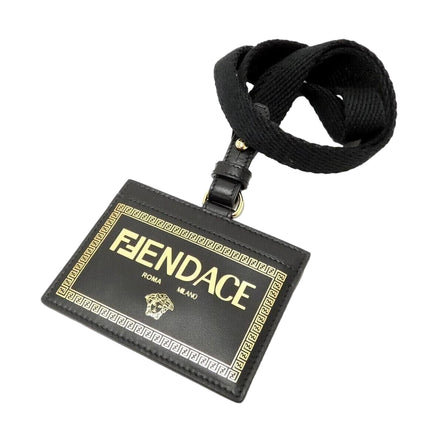 Fendi Fendace Black Leather Card Case Wallet Lanyard available at Queen Bee of Beverly Hills