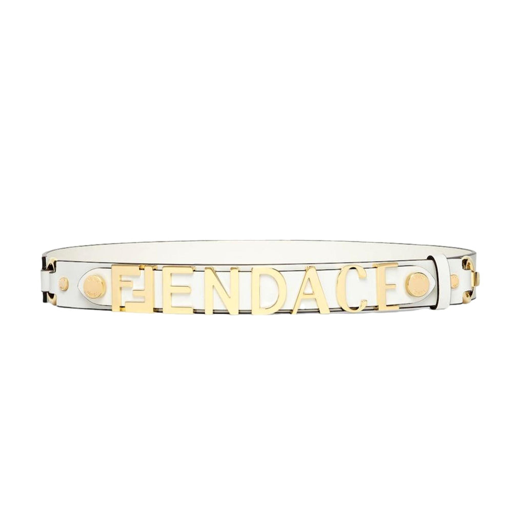 Fendi Fendace Gold Logo Ivory Leather Belt Size 85 at_Queen_Bee_of_Beverly_Hills