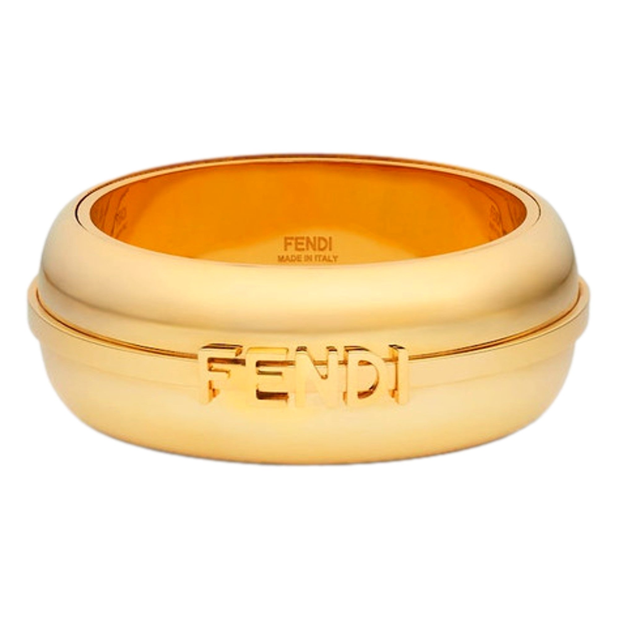 Fendi Fendigraphy Gold Tone Metal Wide Logo Bangle Bracelet