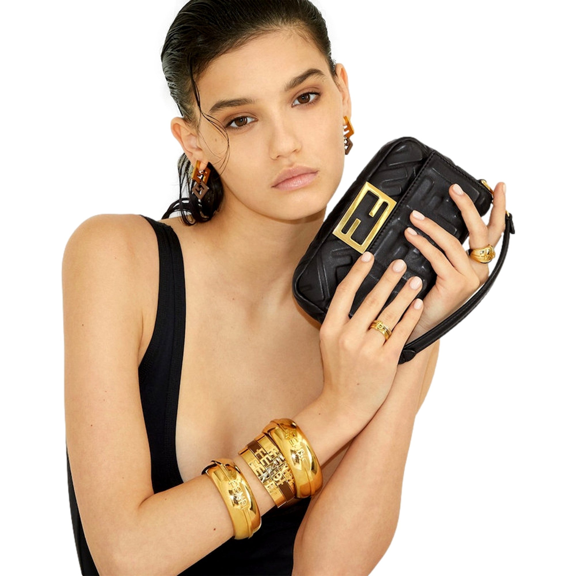 Fendi Fendigraphy Gold Tone Metal Wide Logo Bangle Bracelet