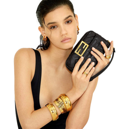 Fendi Fendigraphy Gold Tone Metal Wide Logo Bangle Bracelet