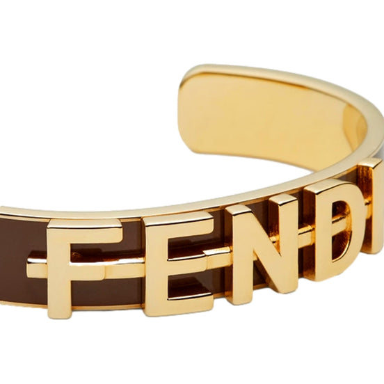 Fendi Fendigraphy Gold Tone Metal Brown Enamel Cuff Bracelet available at Queen Bee of Beverly Hills