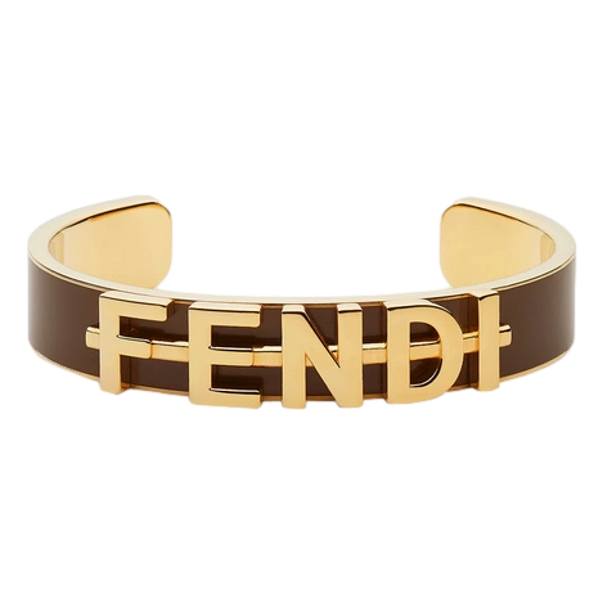 Fendi Fendigraphy Gold Tone Metal Brown Enamel Cuff Bracelet available at Queen Bee of Beverly Hills