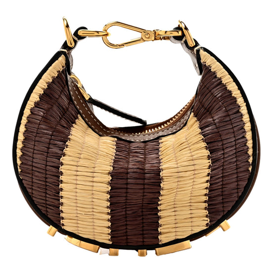 Fendi Fendigraphy Woven Raffia Leather Gianduia Vibrato Mini Hobo Charm Bag available at Queen Bee of Beverly Hills