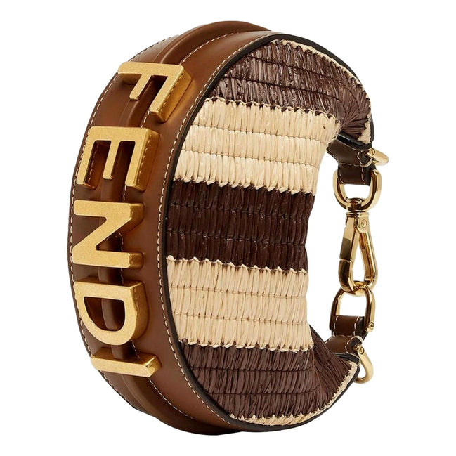Fendi Fendigraphy Woven Raffia Leather Gianduia Vibrato Mini Hobo Charm Bag available at Queen Bee of Beverly Hills
