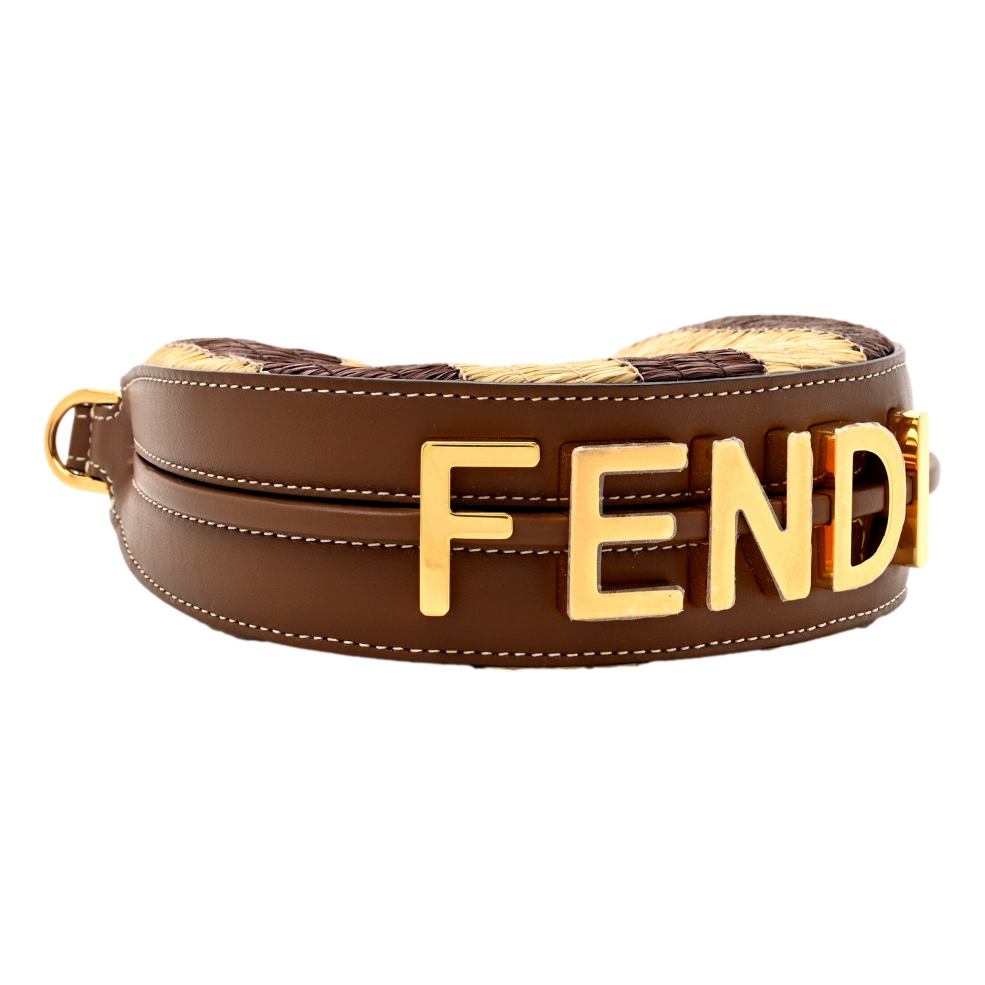 Fendi Fendigraphy Woven Raffia Leather Gianduia Vibrato Mini Hobo Charm Bag available at Queen Bee of Beverly Hills