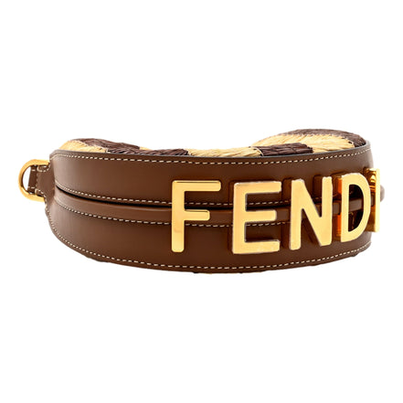 Fendi Fendigraphy Woven Raffia Leather Gianduia Vibrato Mini Hobo Charm Bag available at Queen Bee of Beverly Hills