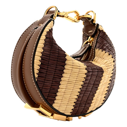 Fendi Fendigraphy Woven Raffia Leather Gianduia Vibrato Mini Hobo Charm Bag available at Queen Bee of Beverly Hills