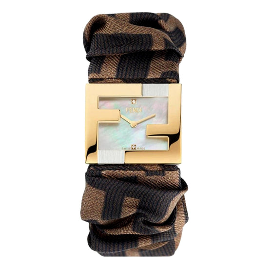 Fendi Fendimania Baguette Pearl Dial Monogram Satin Watch available at Queen Bee of Beverly Hills