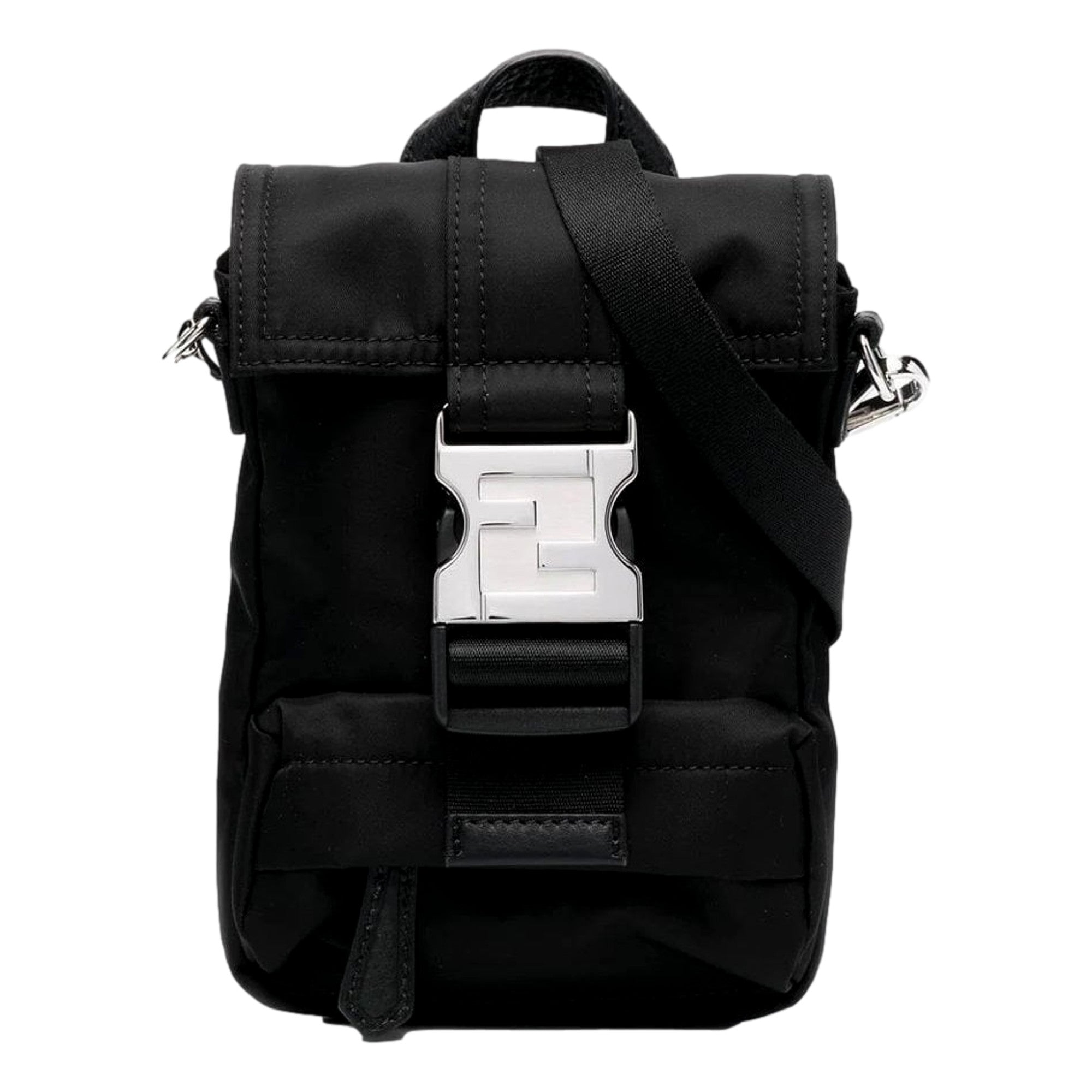 Fendi Fendiness Black Nylon Buckle Mini Backpack Crossbody Bag available at Queen Bee of Beverly Hills