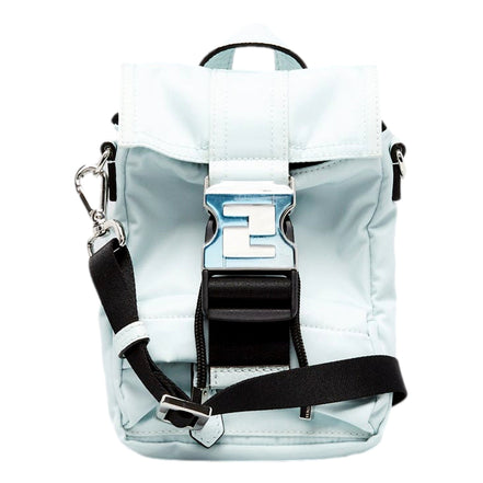 Fendi Fendiness Cyber Blue Nylon Buckle Mini Backpack Crossbody Bag available at Queen Bee of Beverly Hills