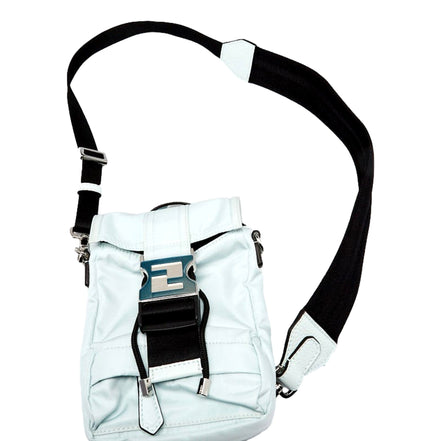 Fendi Fendiness Cyber Blue Nylon Buckle Mini Backpack Crossbody Bag available at Queen Bee of Beverly Hills