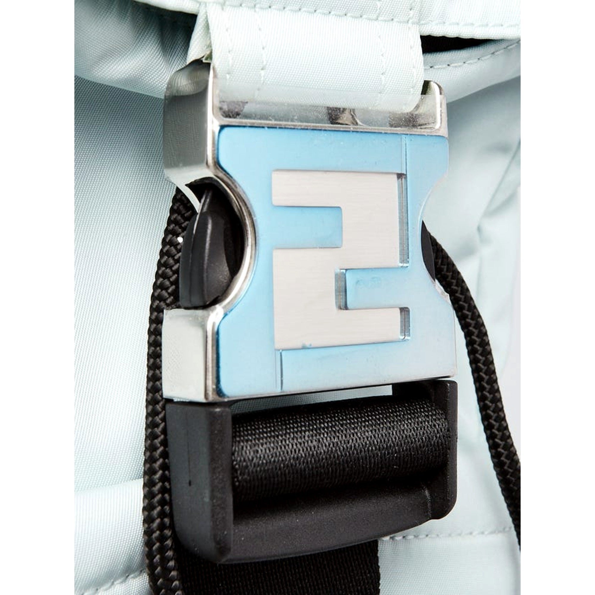 Fendi Fendiness Cyber Blue Nylon Buckle Mini Backpack Crossbody Bag available at Queen Bee of Beverly Hills