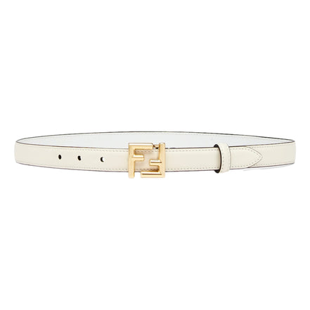 Fendi FF Logo Gold Tone Buckle White Leather Skinny Belt 90