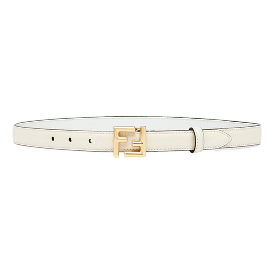 Fendi FF Logo Gold Tone Buckle White Leather Skinny Belt 90