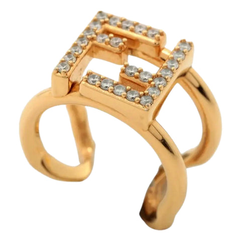 Fendi FF Anello Gold and Crystal Embellished Ring Small available at Queen Bee of Beverly Hills