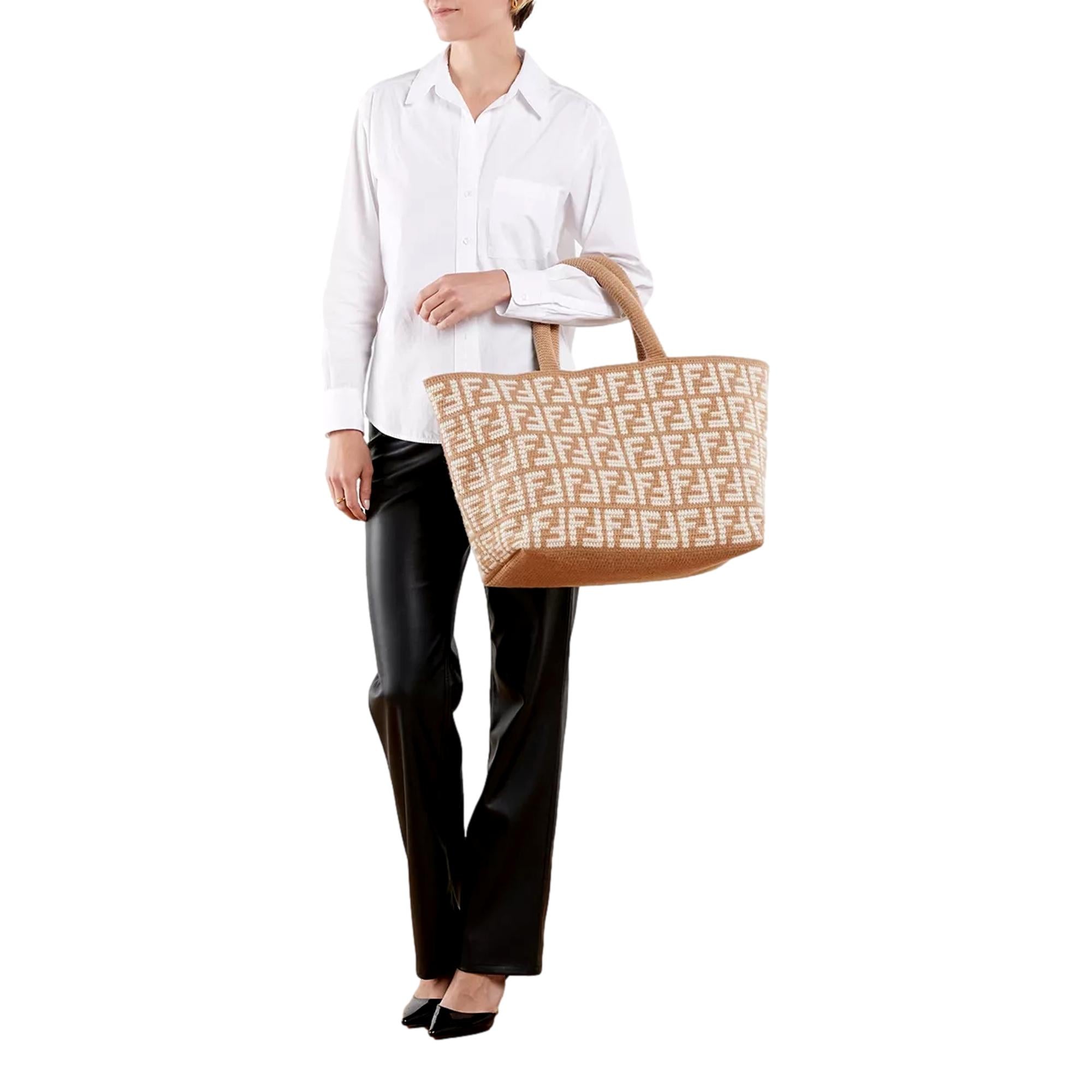 Fendi FF Cammello Beige Knitted Cashmere Large Shopper Tote Bag available at Queen Bee of Beverly Hills