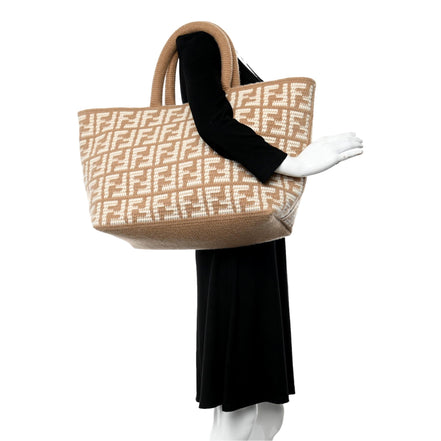 Fendi FF Cammello Beige Knitted Cashmere Large Shopper Tote Bag available at Queen Bee of Beverly Hills
