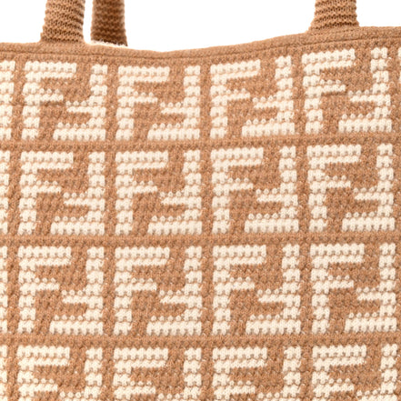 Fendi FF Cammello Beige Knitted Cashmere Large Shopper Tote Bag available at Queen Bee of Beverly Hills