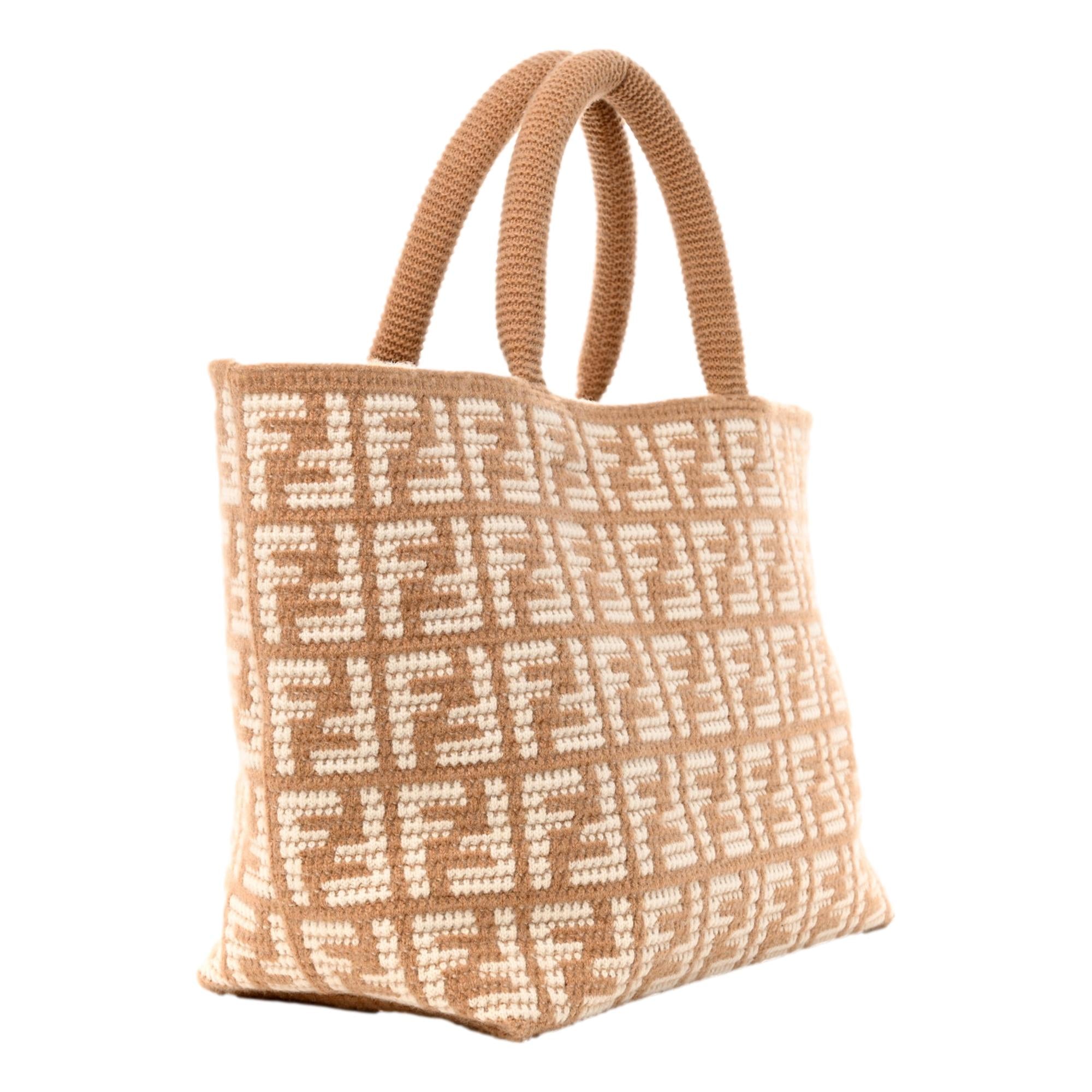 Fendi FF Cammello Beige Knitted Cashmere Large Shopper Tote Bag available at Queen Bee of Beverly Hills