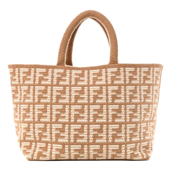 Fendi FF Cammello Beige Knitted Cashmere Large Shopper Tote Bag available at Queen Bee of Beverly Hills