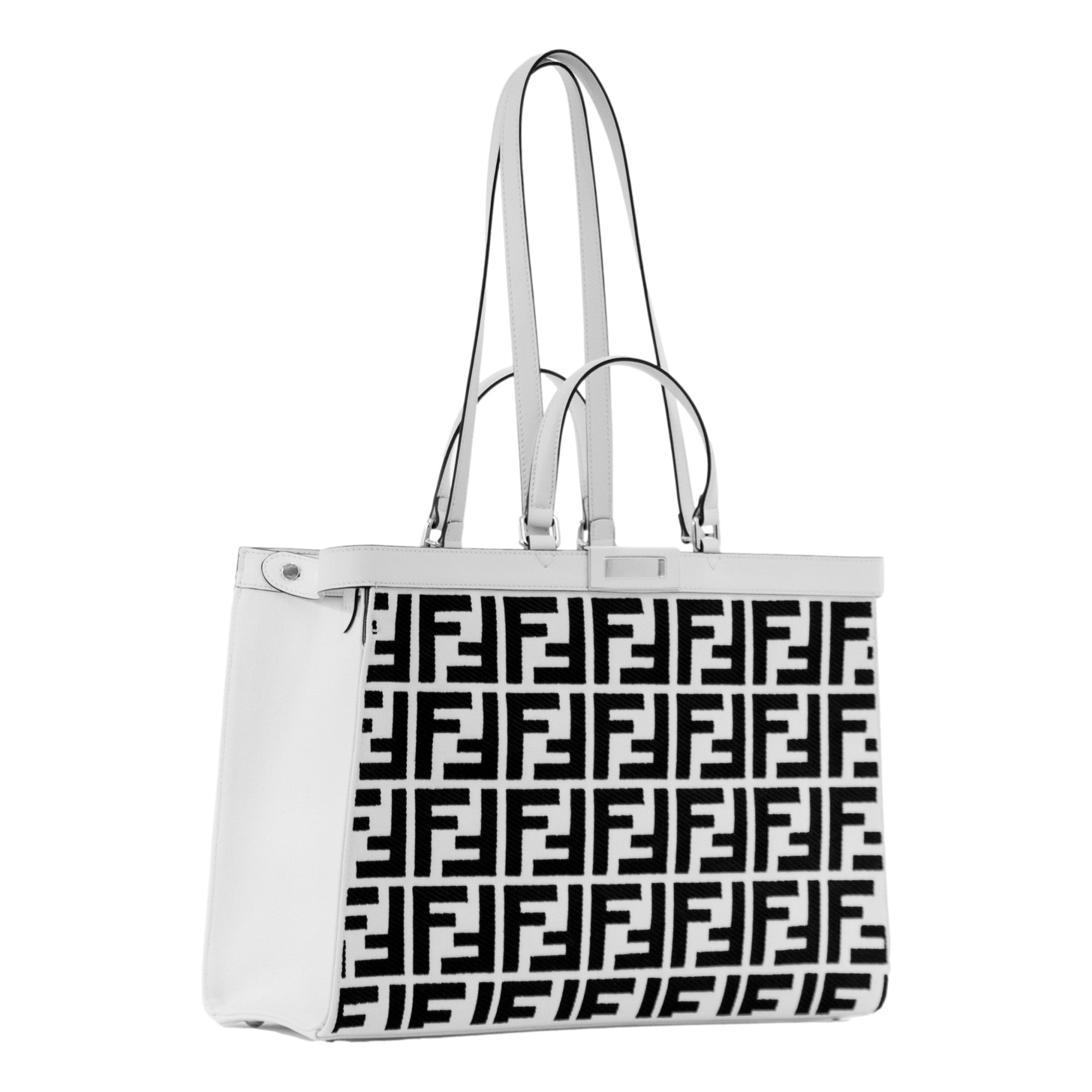 Fendi FF Canvas Leather Black and White Turn Lock X-Tote available at Queen Bee of Beverly Hills