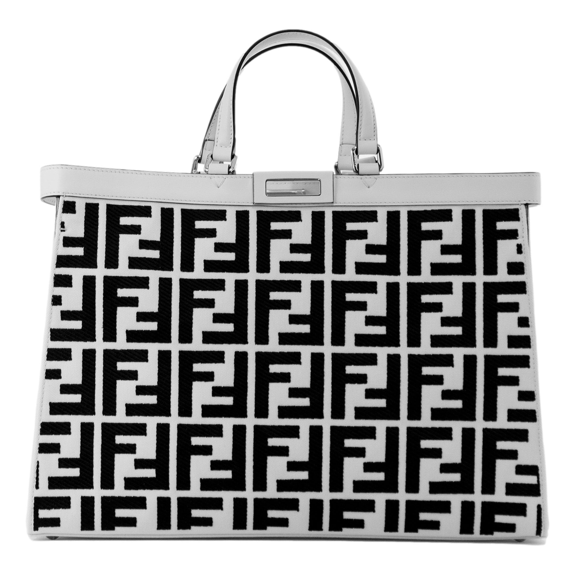 Fendi FF Canvas Leather Black and White Turn Lock X-Tote available at Queen Bee of Beverly Hills