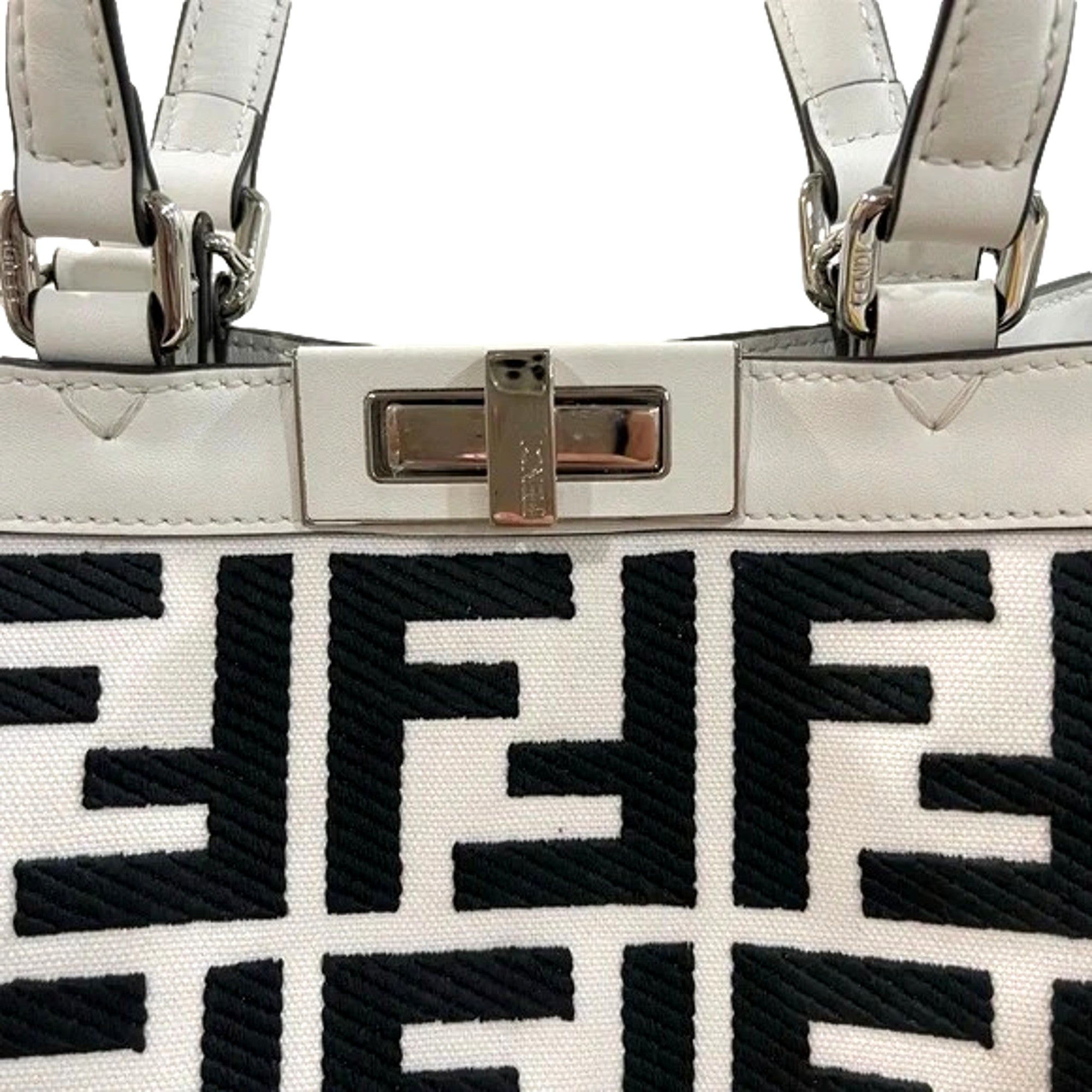 Fendi FF Canvas Leather Black and White Turn Lock X-Tote available at Queen Bee of Beverly Hills