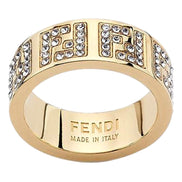 Fendi FF Crystal Embellished Wide Band Gold Ring Small available at Queen Bee of Beverly Hills
