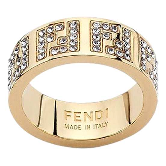 Fendi FF Crystal Embellished Wide Band Gold Ring Small available at Queen Bee of Beverly Hills