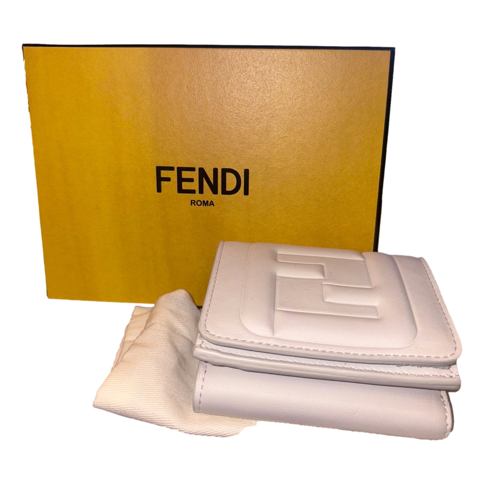 Fendi FF Cube Embossed Logo Bianco Ice White Leather Trifold available at Queen Bee of Beverly Hills