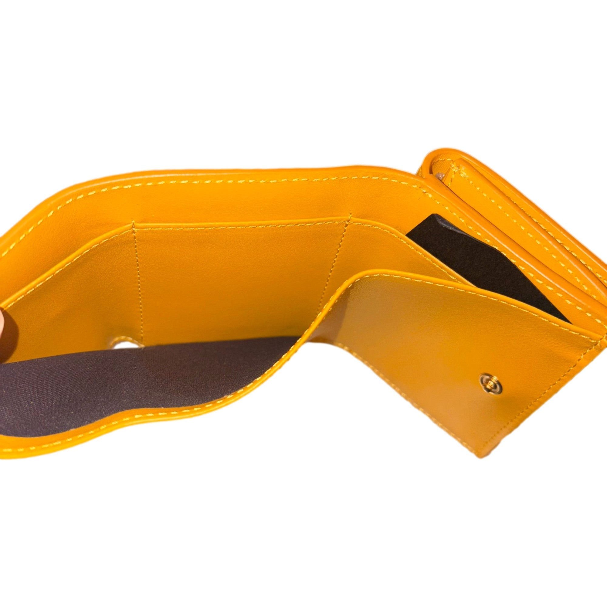 Fendi FF Cube Embossed Logo Oro Yellow Leather Trifold available at Queen Bee of Beverly Hills