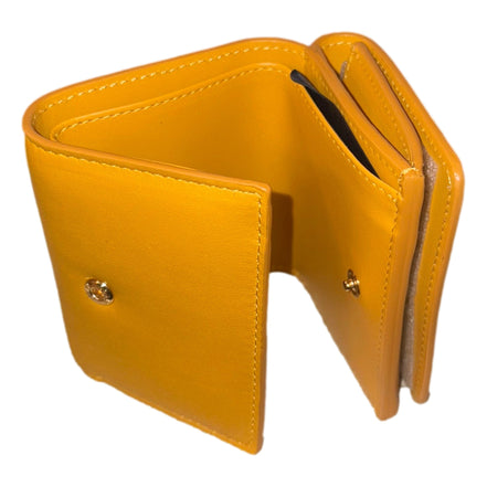 Fendi FF Cube Embossed Logo Oro Yellow Leather Trifold available at Queen Bee of Beverly Hills