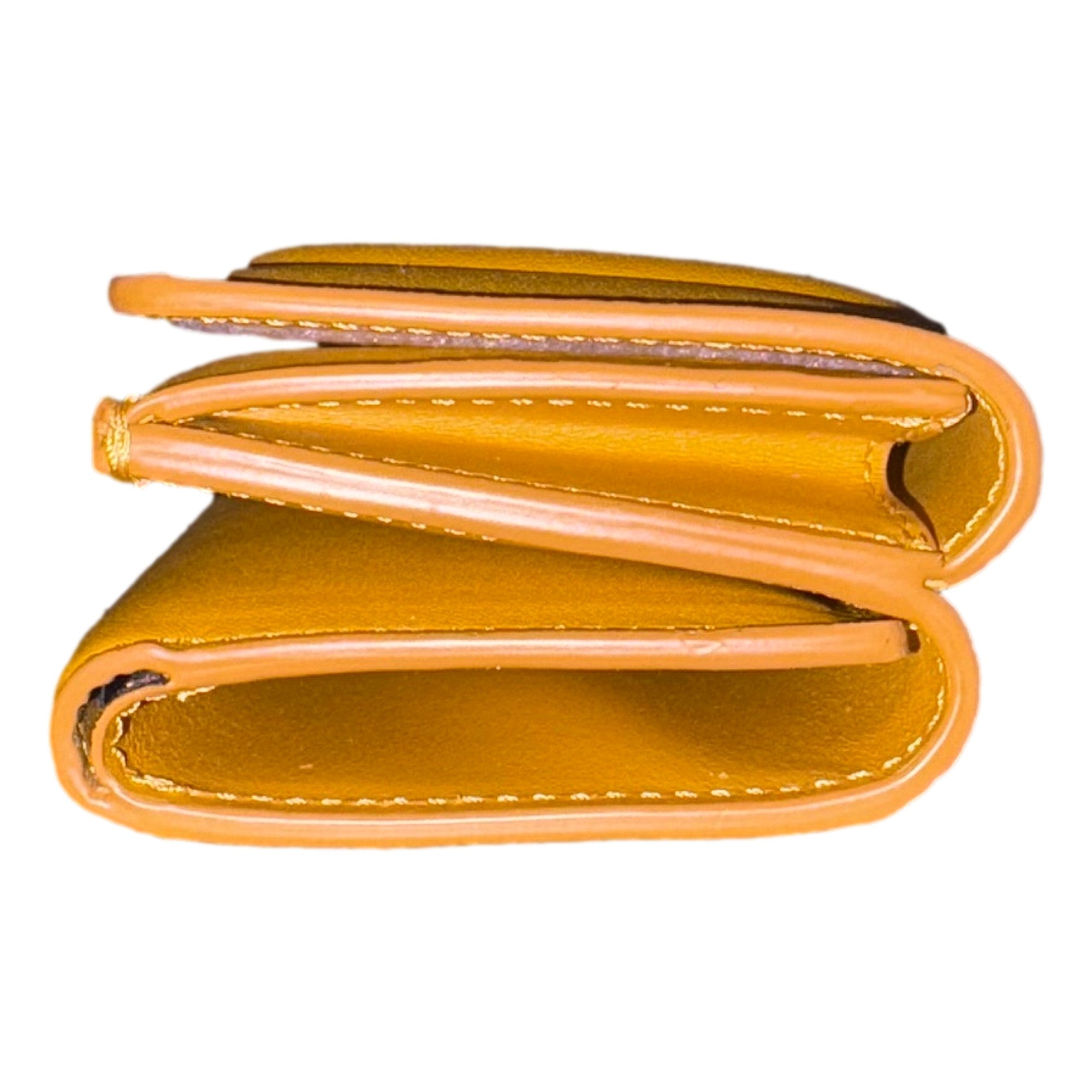 Fendi FF Cube Embossed Logo Oro Yellow Leather Trifold available at Queen Bee of Beverly Hills