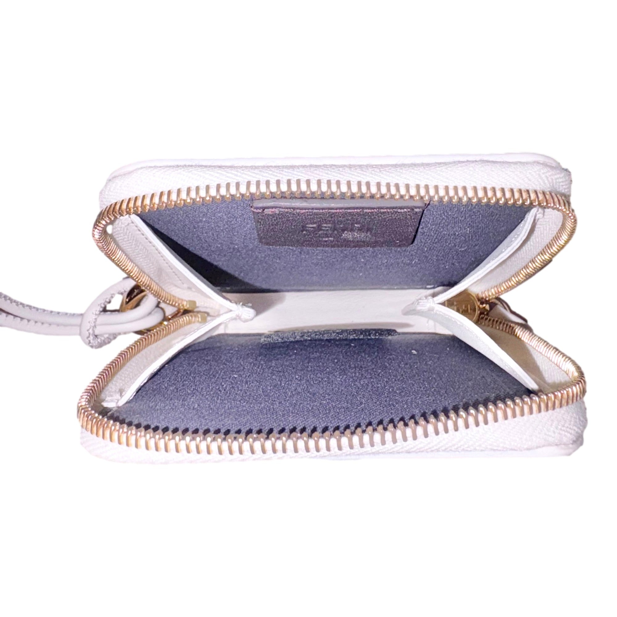 Fendi FF Cube Embossed Small Zip Wallet Bianco White Leather with Strap available at Queen Bee of Beverly Hills