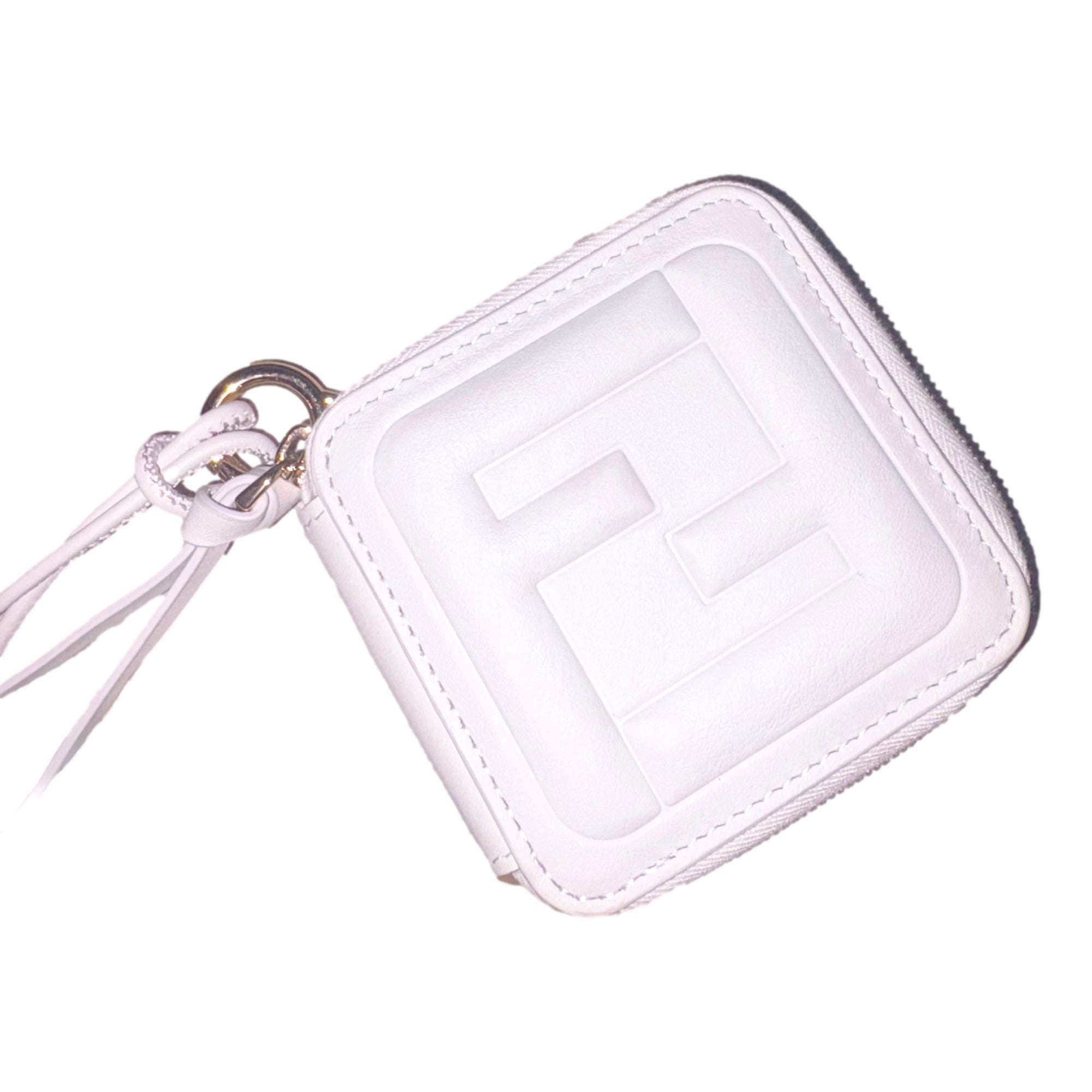 Fendi FF Cube Embossed Small Zip Wallet Bianco White Leather with Strap available at Queen Bee of Beverly Hills