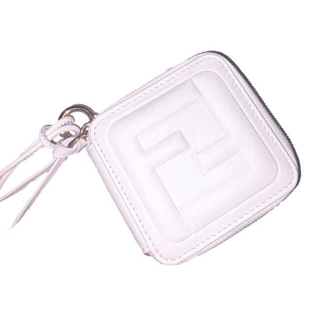 Fendi FF Cube Embossed Small Zip Wallet Bianco White Leather with Strap available at Queen Bee of Beverly Hills