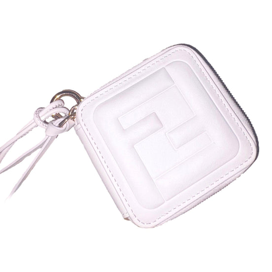 Fendi FF Cube Embossed Small Zip Wallet Bianco White Leather with Strap available at Queen Bee of Beverly Hills