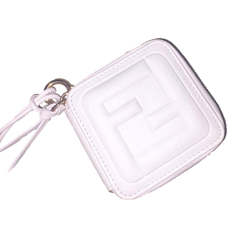 Fendi FF Cube Embossed Small Zip Wallet Bianco White Leather with Strap available at Queen Bee of Beverly Hills