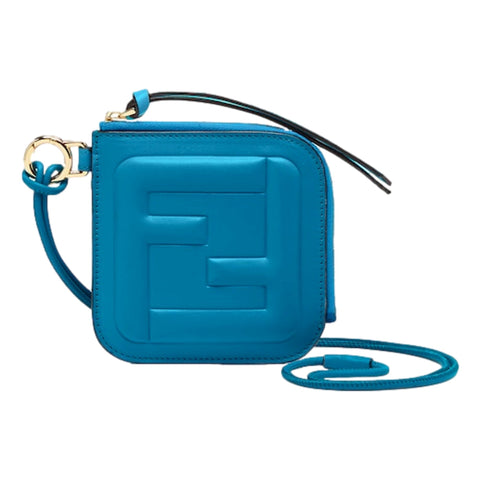 Fendi FF Cube Embossed Small Zip Wallet Mare Blue Leather with Strap available at Queen Bee of Beverly Hills