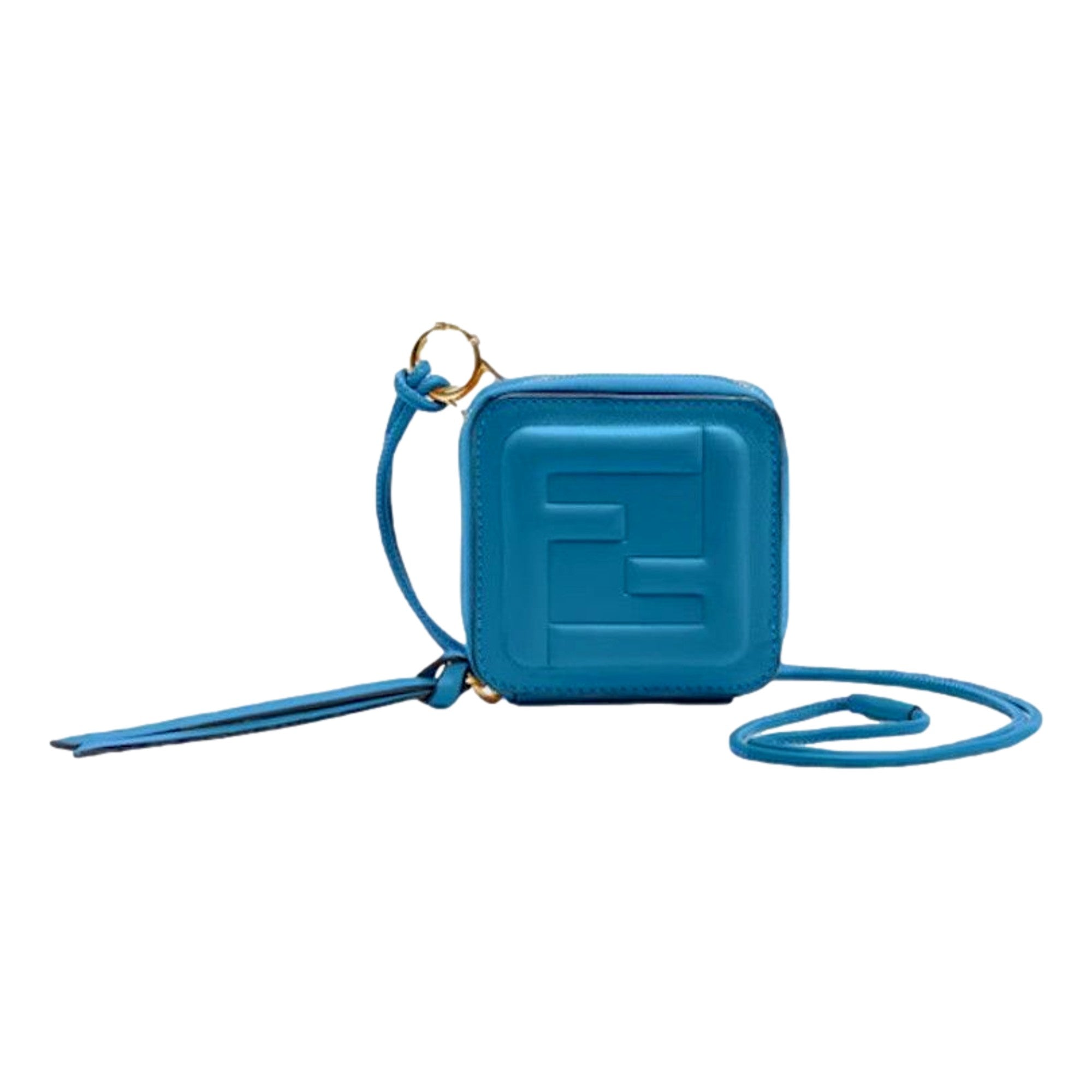 Fendi FF Cube Embossed Small Zip Wallet Mare Blue Leather with Strap available at Queen Bee of Beverly Hills