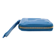 Fendi FF Cube Embossed Small Zip Wallet Mare Blue Leather with Strap available at Queen Bee of Beverly Hills