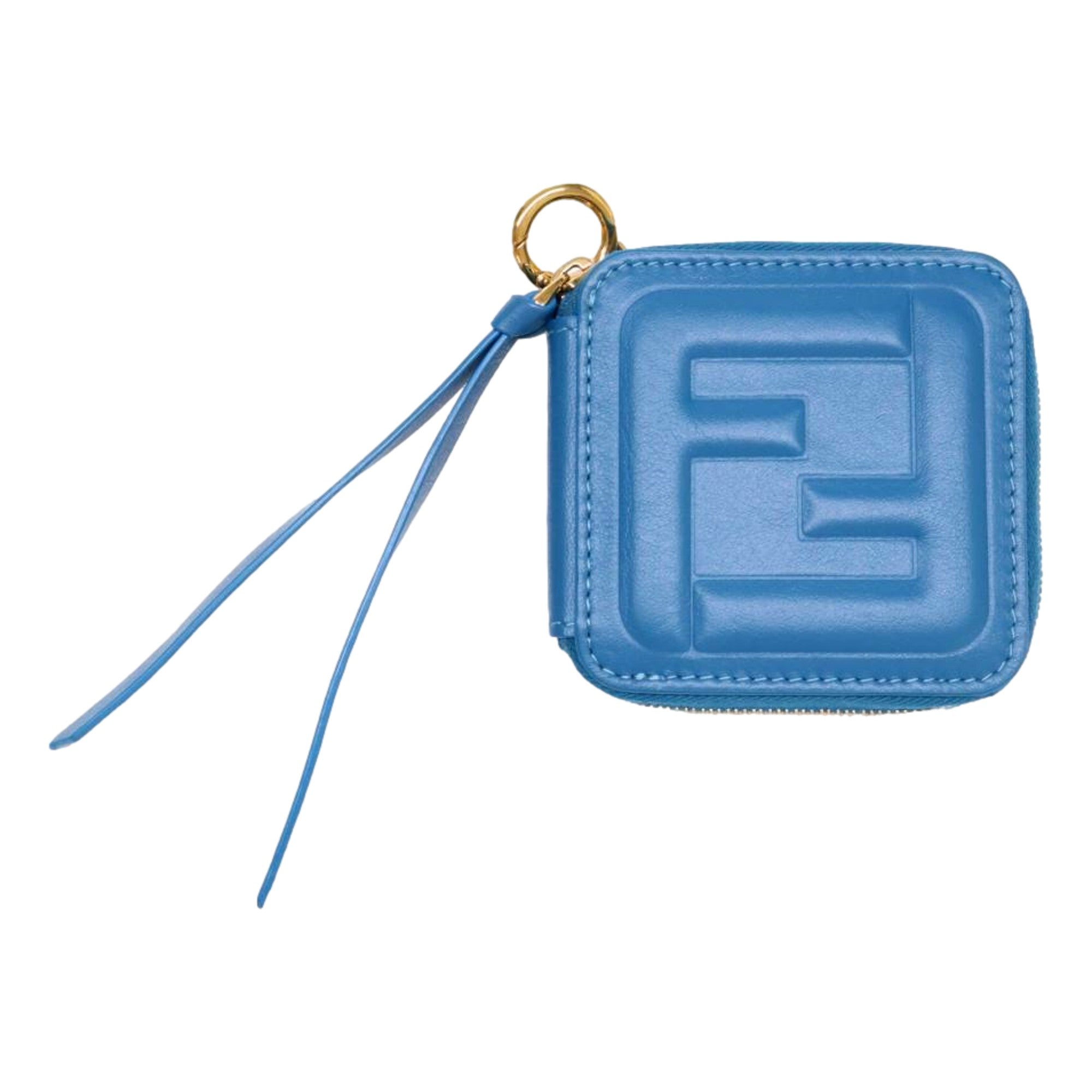 Fendi FF Cube Embossed Small Zip Wallet Mare Blue Leather with Strap available at Queen Bee of Beverly Hills